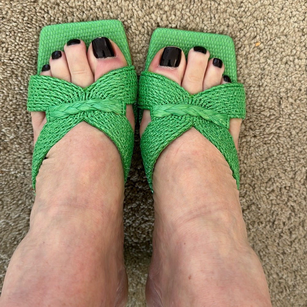 Dolce Vita slip on heels. Green linen super fun, sexy, comfortable.  Size 9